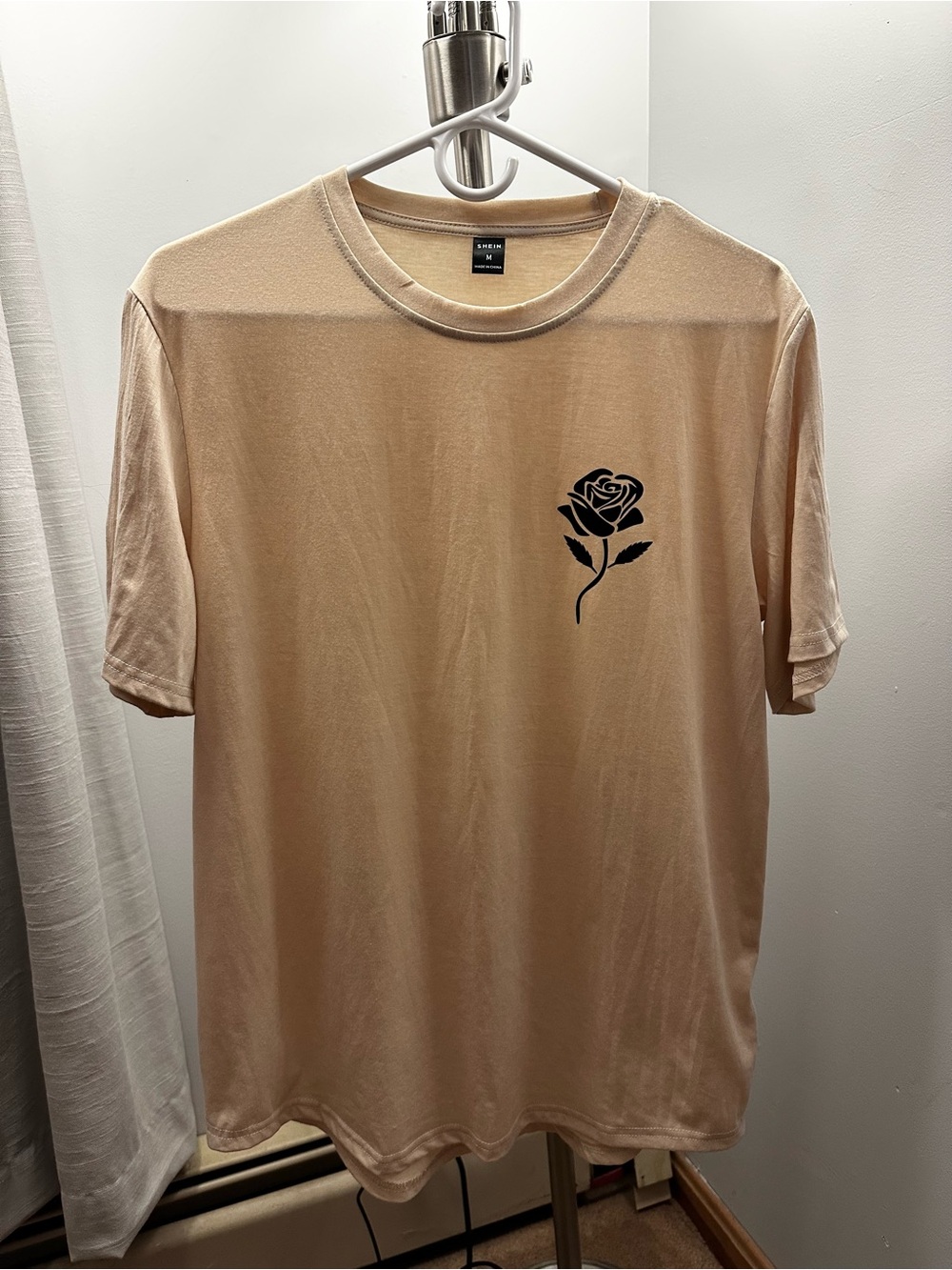 SHEIN Beige Tee with Black Rose Print